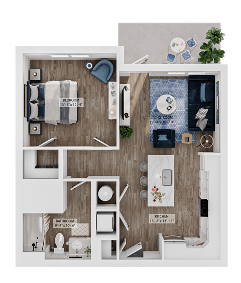 Floor plan for 1 bed, 1 bath, 716 sqft